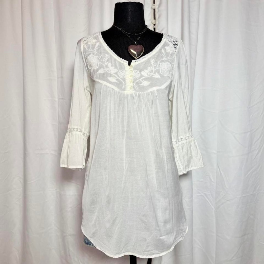 H&M Cream Embroidered Boho Tunic Blouse Size 6 (S)
